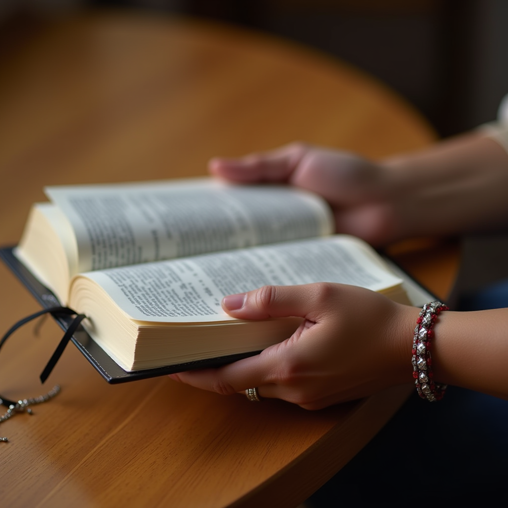 Hands Holding Bible with Kurdish Bracelet Hands holding an open Bible with a cross necklace and Kurdish bracelet