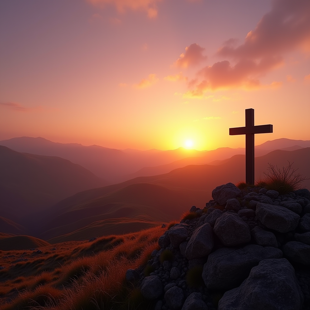 Sunrise Cross Over Kurdish Hills Sunrise over Kurdish hills with a cross silhouette, symbolizing Jesus’ resurrection